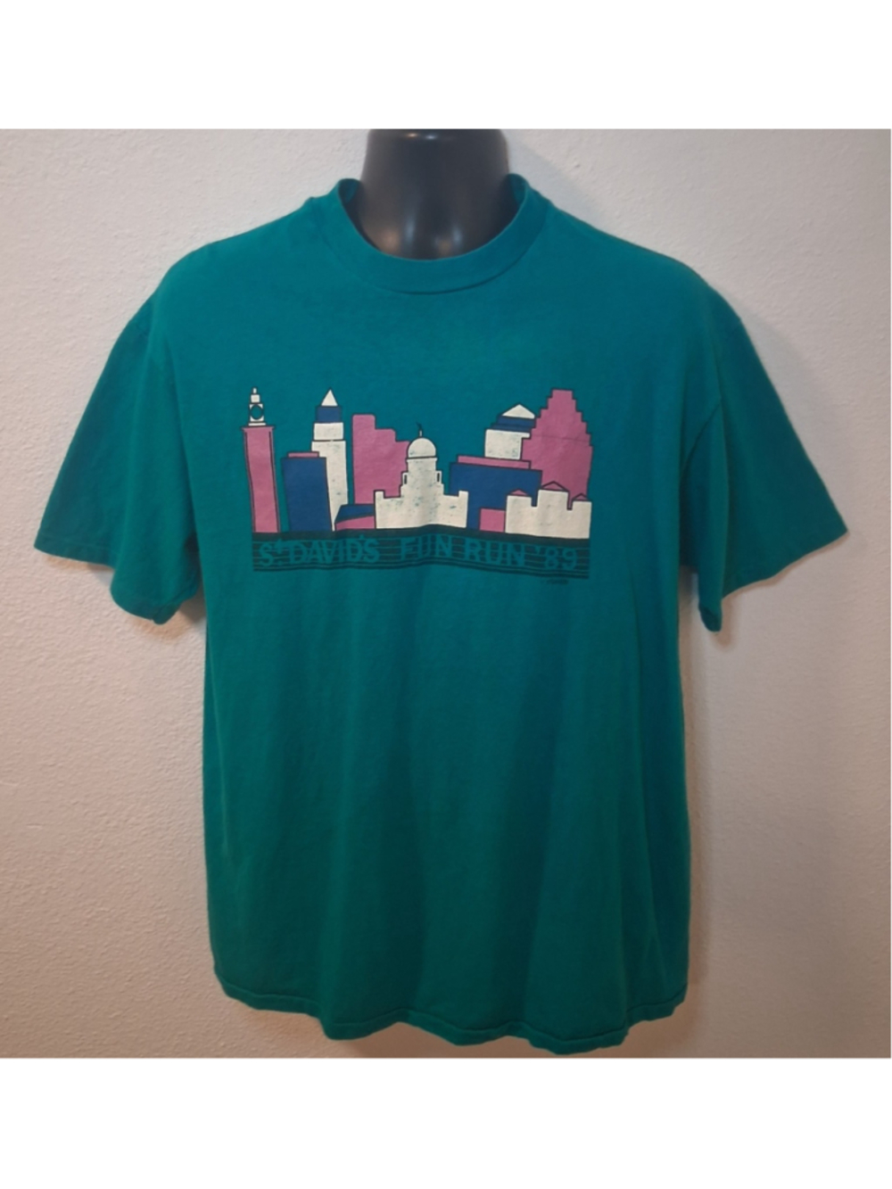 VTG 80s St. David's Fun Run Austin Adult XL T-shirt Single Stitch Teal Hanes USA